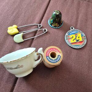 Small Vintage Items Baby Safety Diaper Pins Ceramic Cup Spool Thread Jeff Bell